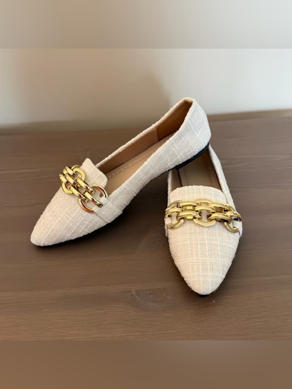 Pointed Toe Chain-Trim Tweed Flats in Ivory